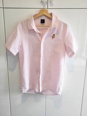 OVO Men's 100% Cotton Pink and White Preppy Seersucker Short Sleeve Shirt Size S